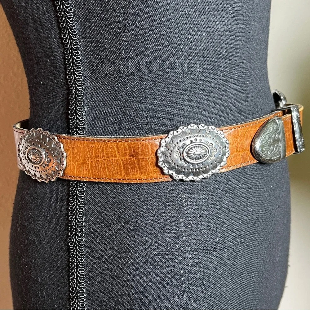 Women’s Western Silver Antique Tone Concho Reptile Embossed Brown Belt 30